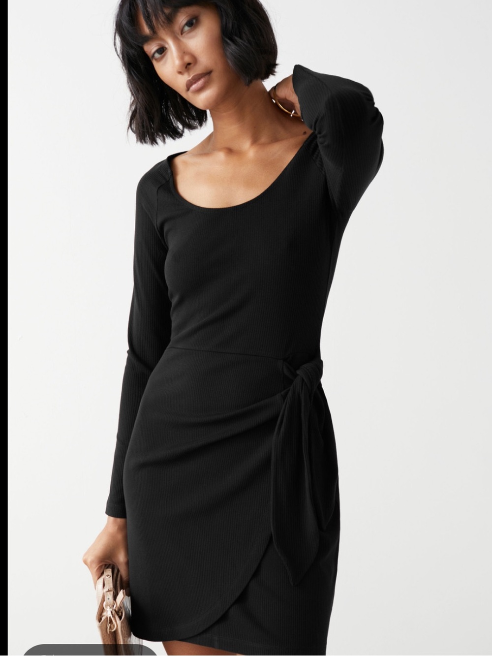 & Other Stories Ribbed Long Sleeve Scoop Neck Side Wrap Mini Dress Sz L
